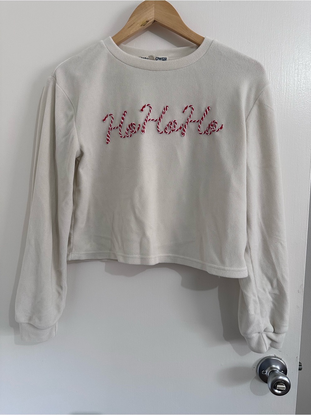 Wallflower Women Christmas Sweatshirt Cream Ho Ho Ho Candy Cane Embroidery M